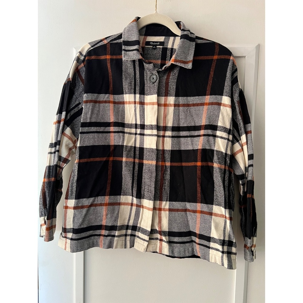 Madewell Womens Plaid Flannel Shirt Black Cream Orange Cotton Button Up Size M